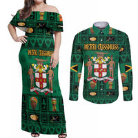 Personalized Jamaica Christmas Couples Matching Off Shoulder Maxi Dress and Long Sleeve Button Shirt Coat Of Arms - Merri Crissmuss - Wonder Print Shop