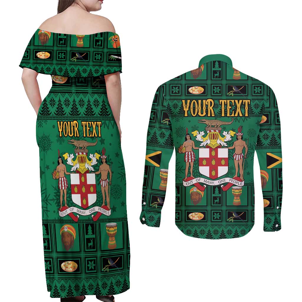 Personalized Jamaica Christmas Couples Matching Off Shoulder Maxi Dress and Long Sleeve Button Shirt Coat Of Arms - Merri Crissmuss - Wonder Print Shop