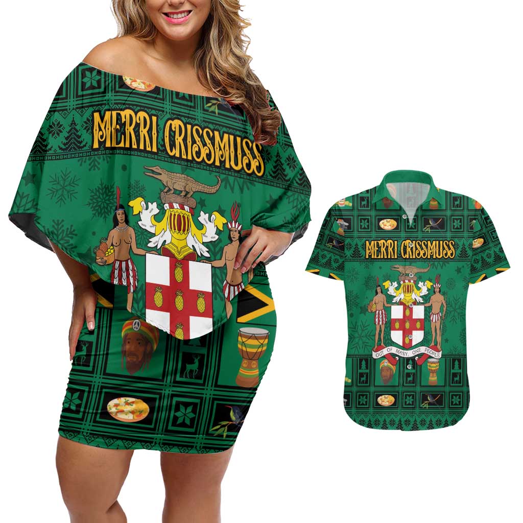 Personalized Jamaica Christmas Couples Matching Off Shoulder Short Dress and Hawaiian Shirt Coat Of Arms - Merri Crissmuss - Wonder Print Shop