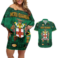 Personalized Jamaica Christmas Couples Matching Off Shoulder Short Dress and Hawaiian Shirt Coat Of Arms - Merri Crissmuss - Wonder Print Shop