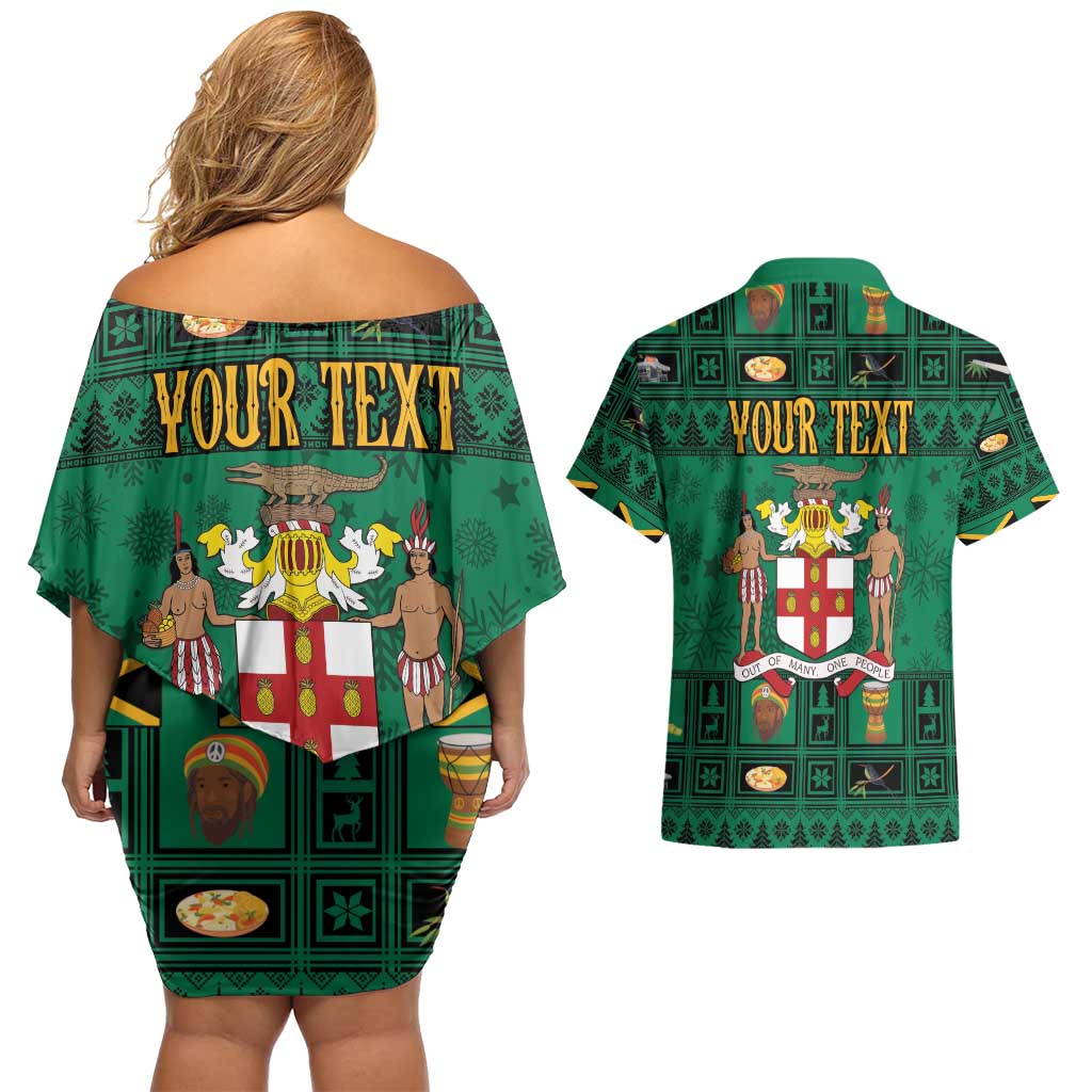 Personalized Jamaica Christmas Couples Matching Off Shoulder Short Dress and Hawaiian Shirt Coat Of Arms - Merri Crissmuss - Wonder Print Shop