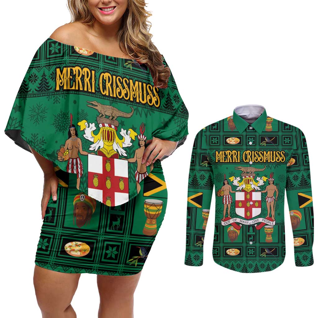 Personalized Jamaica Christmas Couples Matching Off Shoulder Short Dress and Long Sleeve Button Shirt Coat Of Arms - Merri Crissmuss - Wonder Print Shop