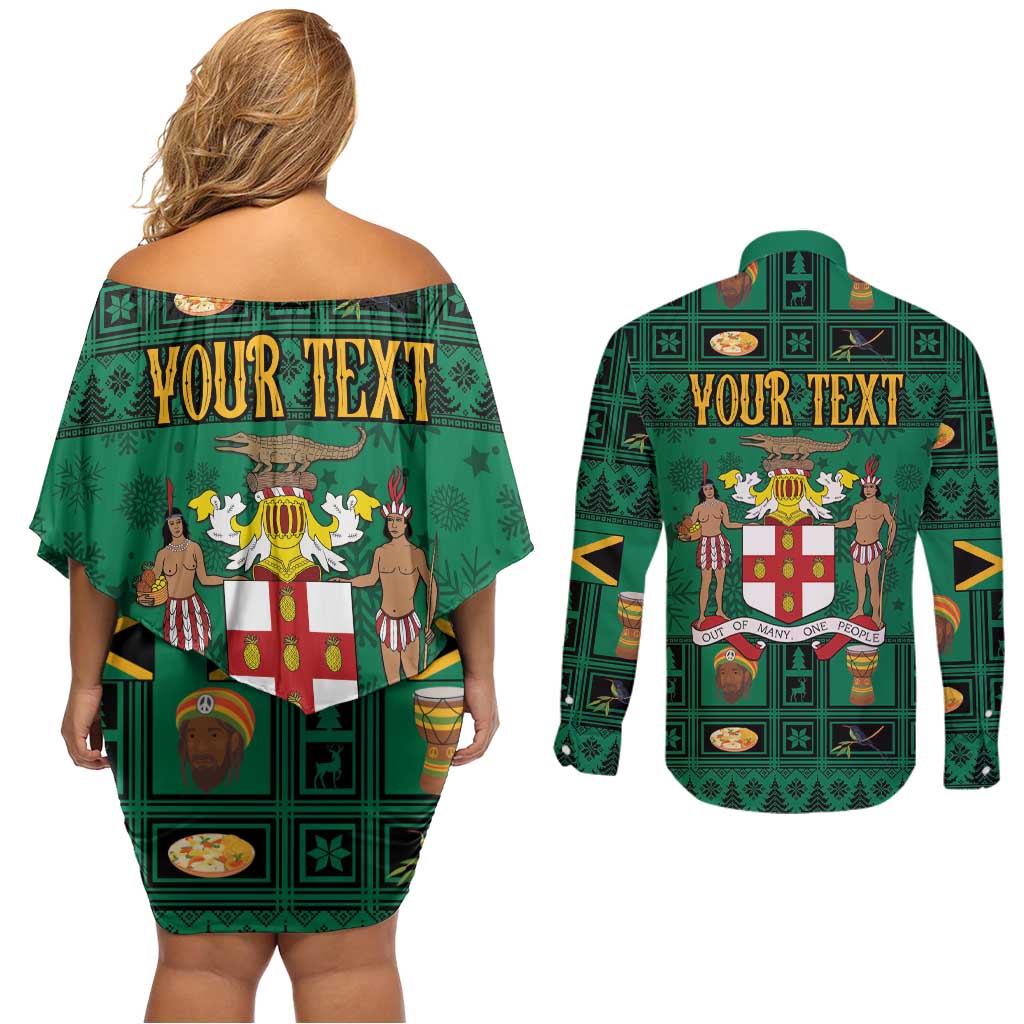Personalized Jamaica Christmas Couples Matching Off Shoulder Short Dress and Long Sleeve Button Shirt Coat Of Arms - Merri Crissmuss - Wonder Print Shop