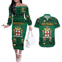 Personalized Jamaica Christmas Couples Matching Off The Shoulder Long Sleeve Dress and Hawaiian Shirt Coat Of Arms - Merri Crissmuss - Wonder Print Shop