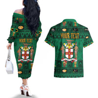 Personalized Jamaica Christmas Couples Matching Off The Shoulder Long Sleeve Dress and Hawaiian Shirt Coat Of Arms - Merri Crissmuss - Wonder Print Shop