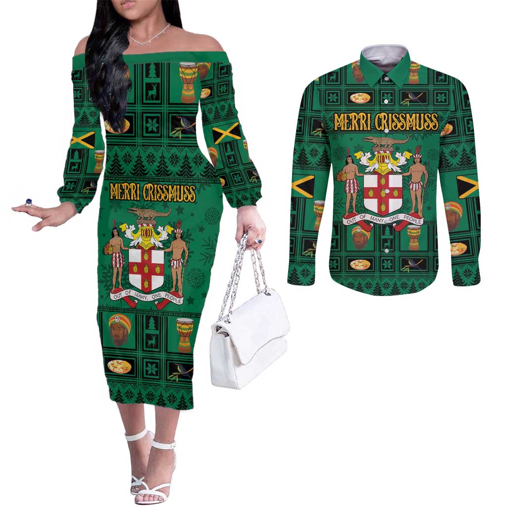 Personalized Jamaica Christmas Couples Matching Off The Shoulder Long Sleeve Dress and Long Sleeve Button Shirt Coat Of Arms - Merri Crissmuss