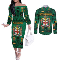 Personalized Jamaica Christmas Couples Matching Off The Shoulder Long Sleeve Dress and Long Sleeve Button Shirt Coat Of Arms - Merri Crissmuss