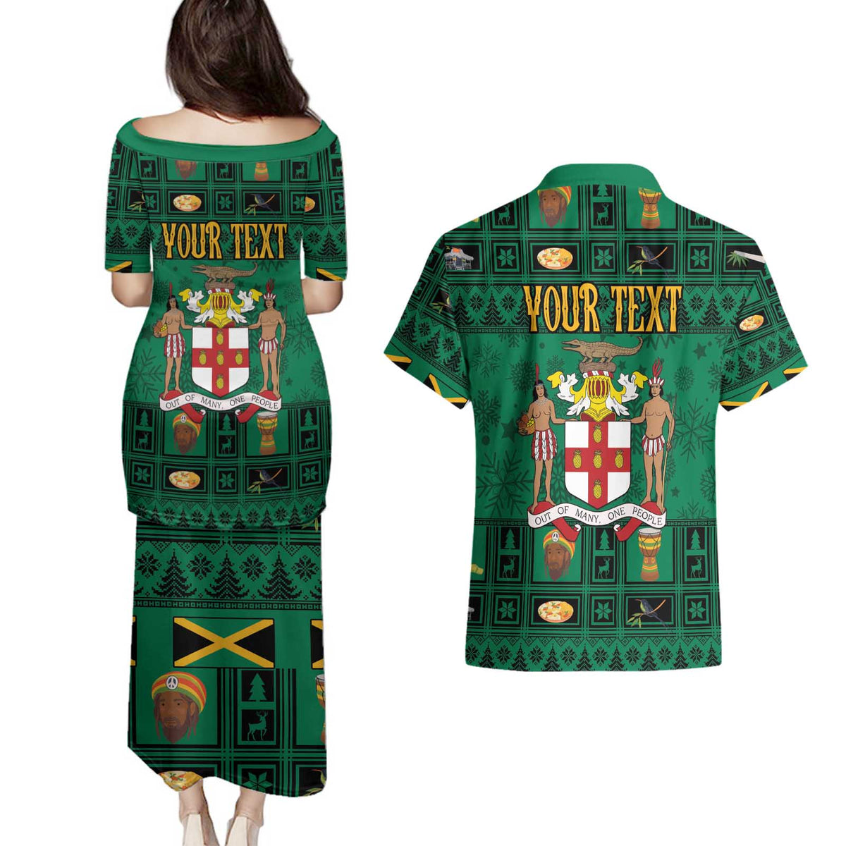 Personalized Jamaica Christmas Couples Matching Puletasi and Hawaiian Shirt Coat Of Arms - Merri Crissmuss - Wonder Print Shop