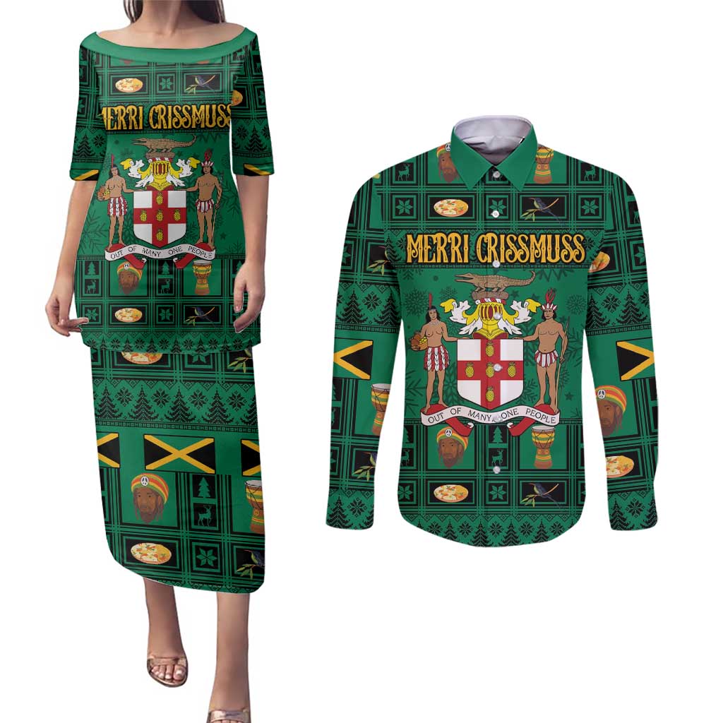 Personalized Jamaica Christmas Couples Matching Puletasi and Long Sleeve Button Shirt Coat Of Arms - Merri Crissmuss - Wonder Print Shop