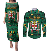 Personalized Jamaica Christmas Couples Matching Puletasi and Long Sleeve Button Shirt Coat Of Arms - Merri Crissmuss - Wonder Print Shop