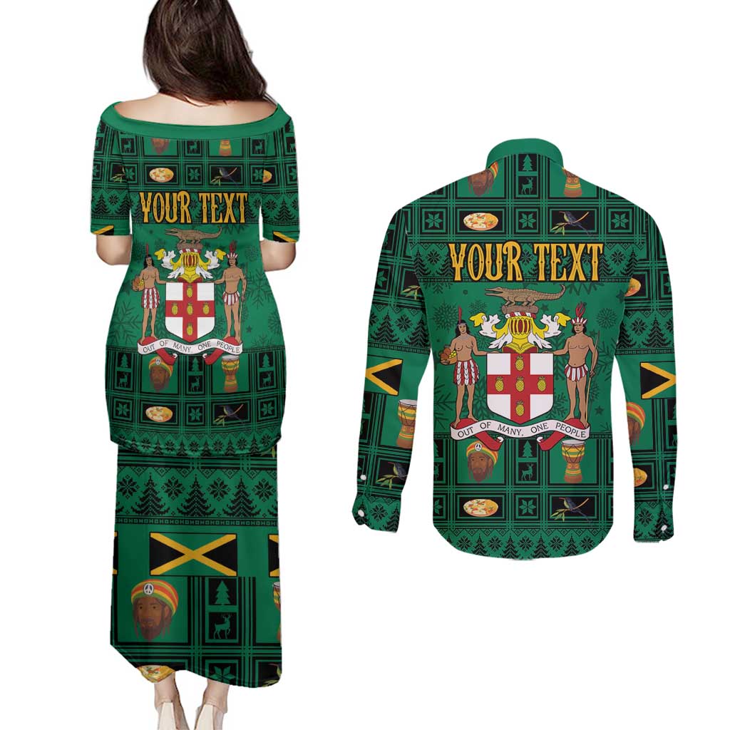 Personalized Jamaica Christmas Couples Matching Puletasi and Long Sleeve Button Shirt Coat Of Arms - Merri Crissmuss - Wonder Print Shop