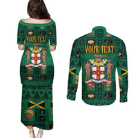 Personalized Jamaica Christmas Couples Matching Puletasi and Long Sleeve Button Shirt Coat Of Arms - Merri Crissmuss - Wonder Print Shop