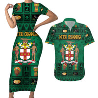 Personalized Jamaica Christmas Couples Matching Short Sleeve Bodycon Dress and Hawaiian Shirt Coat Of Arms - Merri Crissmuss - Wonder Print Shop