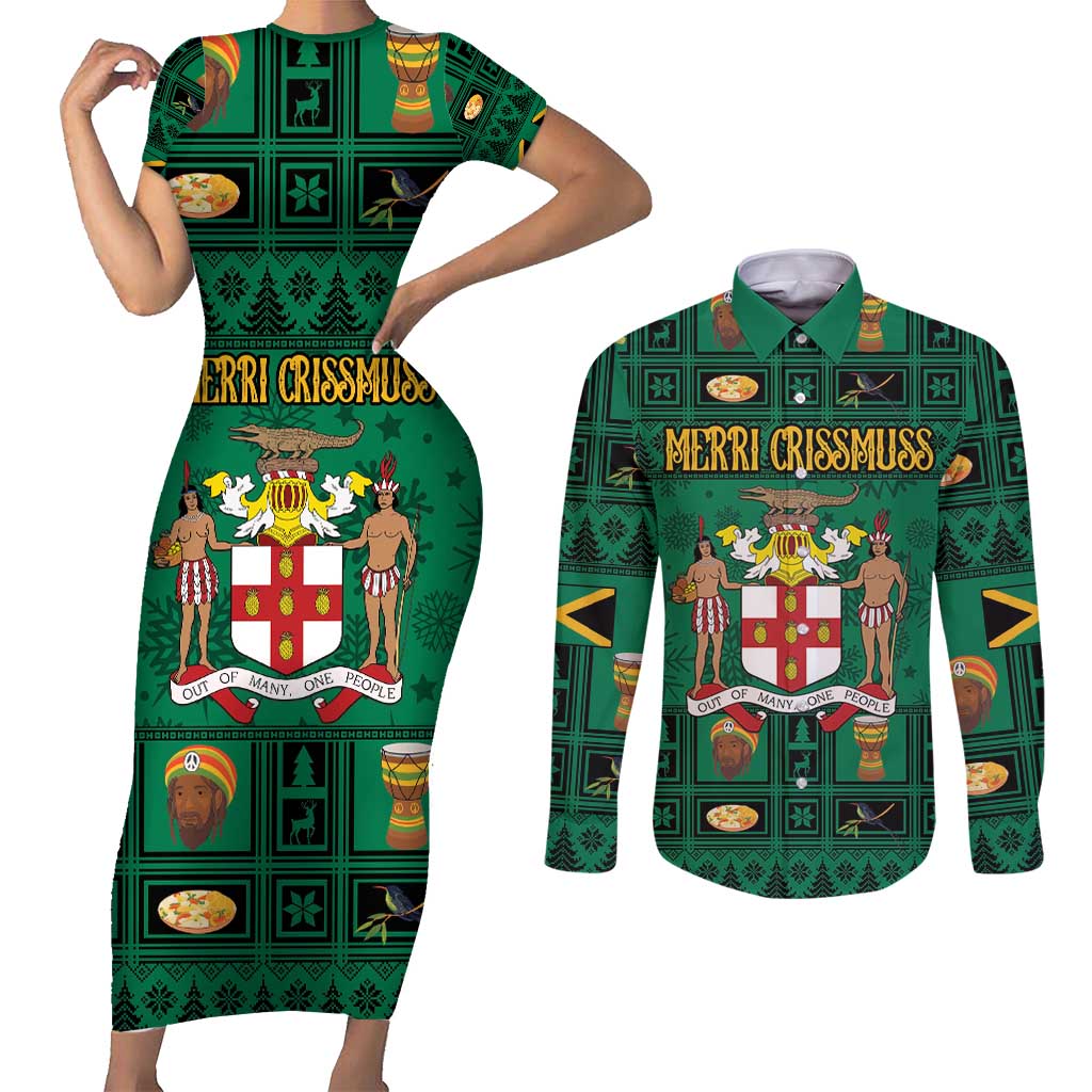 Personalized Jamaica Christmas Couples Matching Short Sleeve Bodycon Dress and Long Sleeve Button Shirt Coat Of Arms - Merri Crissmuss - Wonder Print Shop
