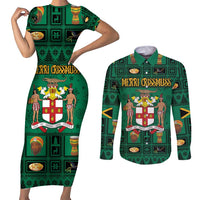 Personalized Jamaica Christmas Couples Matching Short Sleeve Bodycon Dress and Long Sleeve Button Shirt Coat Of Arms - Merri Crissmuss - Wonder Print Shop