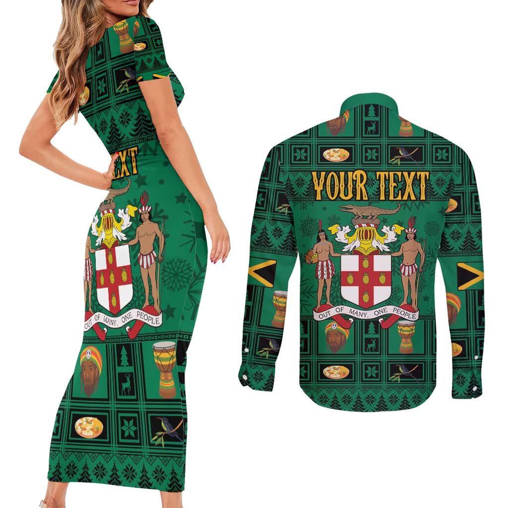 Personalized Jamaica Christmas Couples Matching Short Sleeve Bodycon Dress and Long Sleeve Button Shirt Coat Of Arms - Merri Crissmuss - Wonder Print Shop