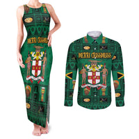 Personalized Jamaica Christmas Couples Matching Tank Maxi Dress and Long Sleeve Button Shirt Coat Of Arms - Merri Crissmuss - Wonder Print Shop