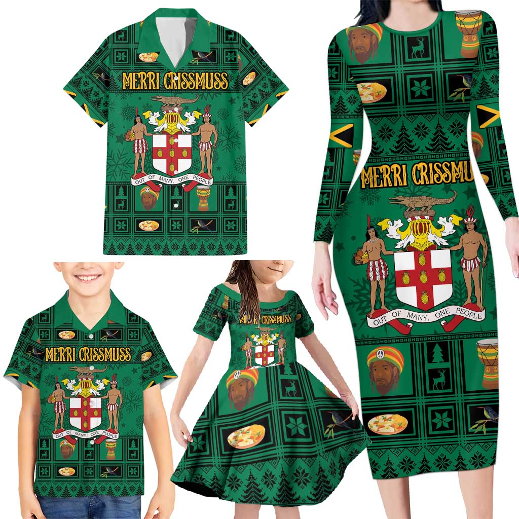 Personalized Jamaica Christmas Family Matching Long Sleeve Bodycon Dress and Hawaiian Shirt Coat Of Arms - Merri Crissmuss - Wonder Print Shop