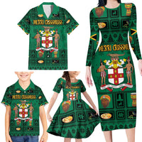 Personalized Jamaica Christmas Family Matching Long Sleeve Bodycon Dress and Hawaiian Shirt Coat Of Arms - Merri Crissmuss - Wonder Print Shop
