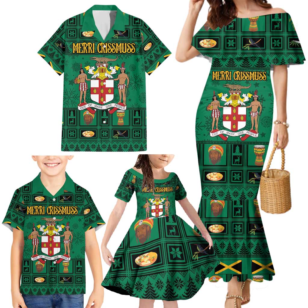 Personalized Jamaica Christmas Family Matching Mermaid Dress and Hawaiian Shirt Coat Of Arms - Merri Crissmuss - Wonder Print Shop