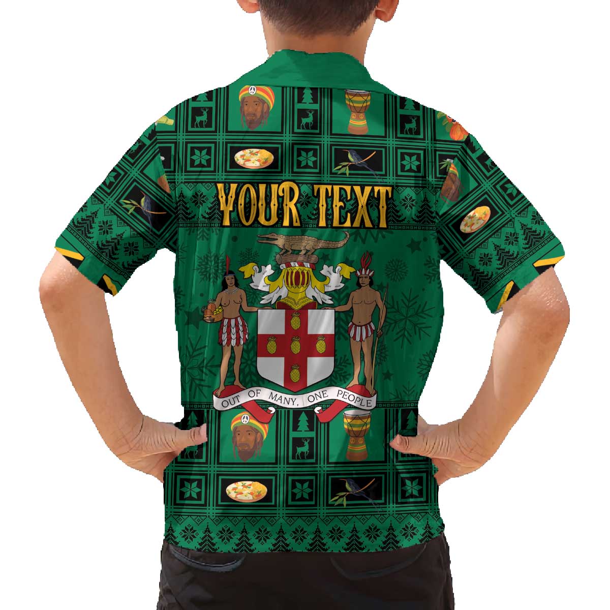 Personalized Jamaica Christmas Family Matching Off The Shoulder Long Sleeve Dress and Hawaiian Shirt Coat Of Arms - Merri Crissmuss - Wonder Print Shop