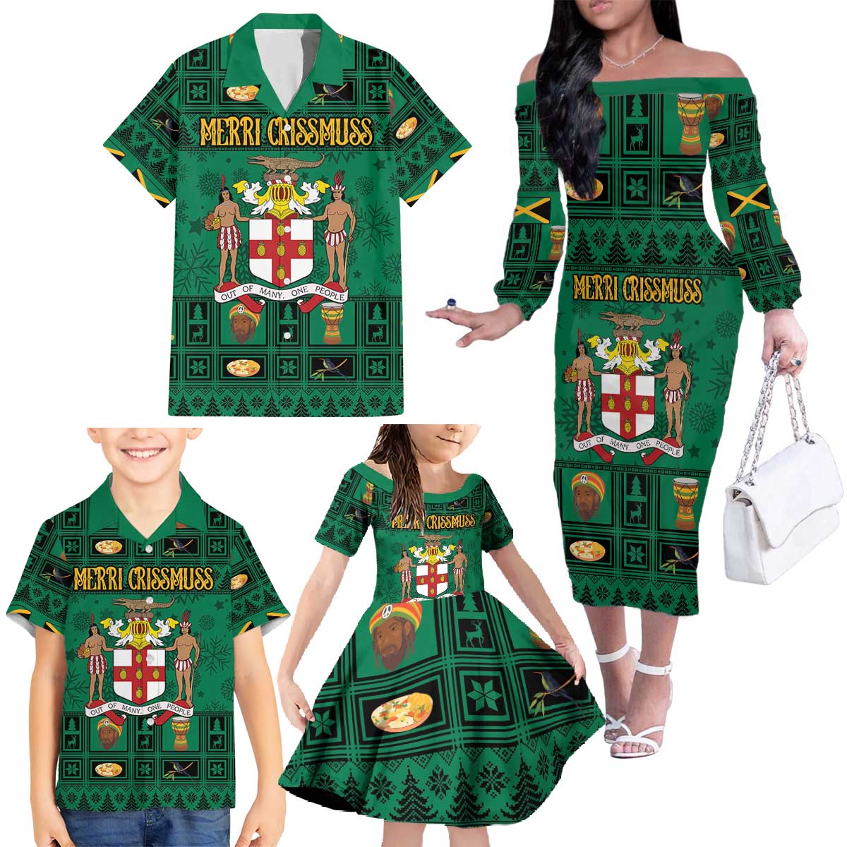 Personalized Jamaica Christmas Family Matching Off The Shoulder Long Sleeve Dress and Hawaiian Shirt Coat Of Arms - Merri Crissmuss - Wonder Print Shop