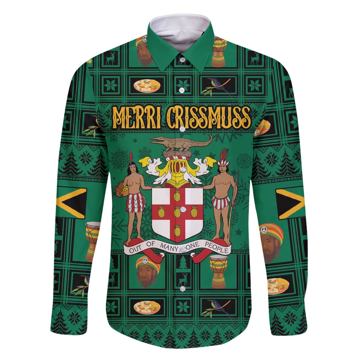 Personalized Jamaica Christmas Family Matching Off The Shoulder Long Sleeve Dress and Hawaiian Shirt Coat Of Arms - Merri Crissmuss - Wonder Print Shop