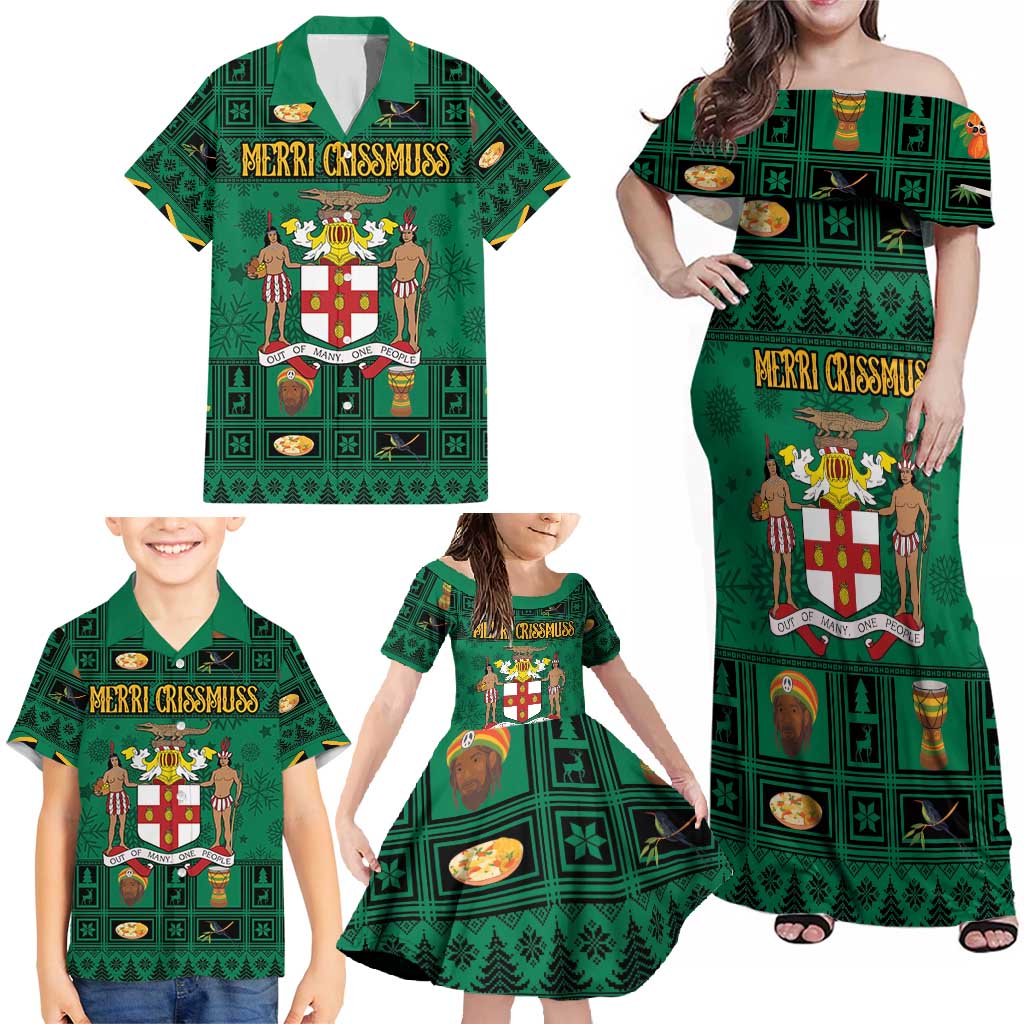 Personalized Jamaica Christmas Family Matching Off Shoulder Maxi Dress and Hawaiian Shirt Coat Of Arms - Merri Crissmuss - Wonder Print Shop
