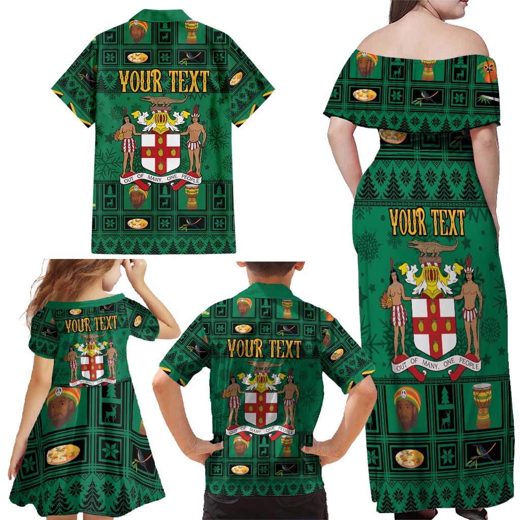 Personalized Jamaica Christmas Family Matching Off Shoulder Maxi Dress and Hawaiian Shirt Coat Of Arms - Merri Crissmuss - Wonder Print Shop