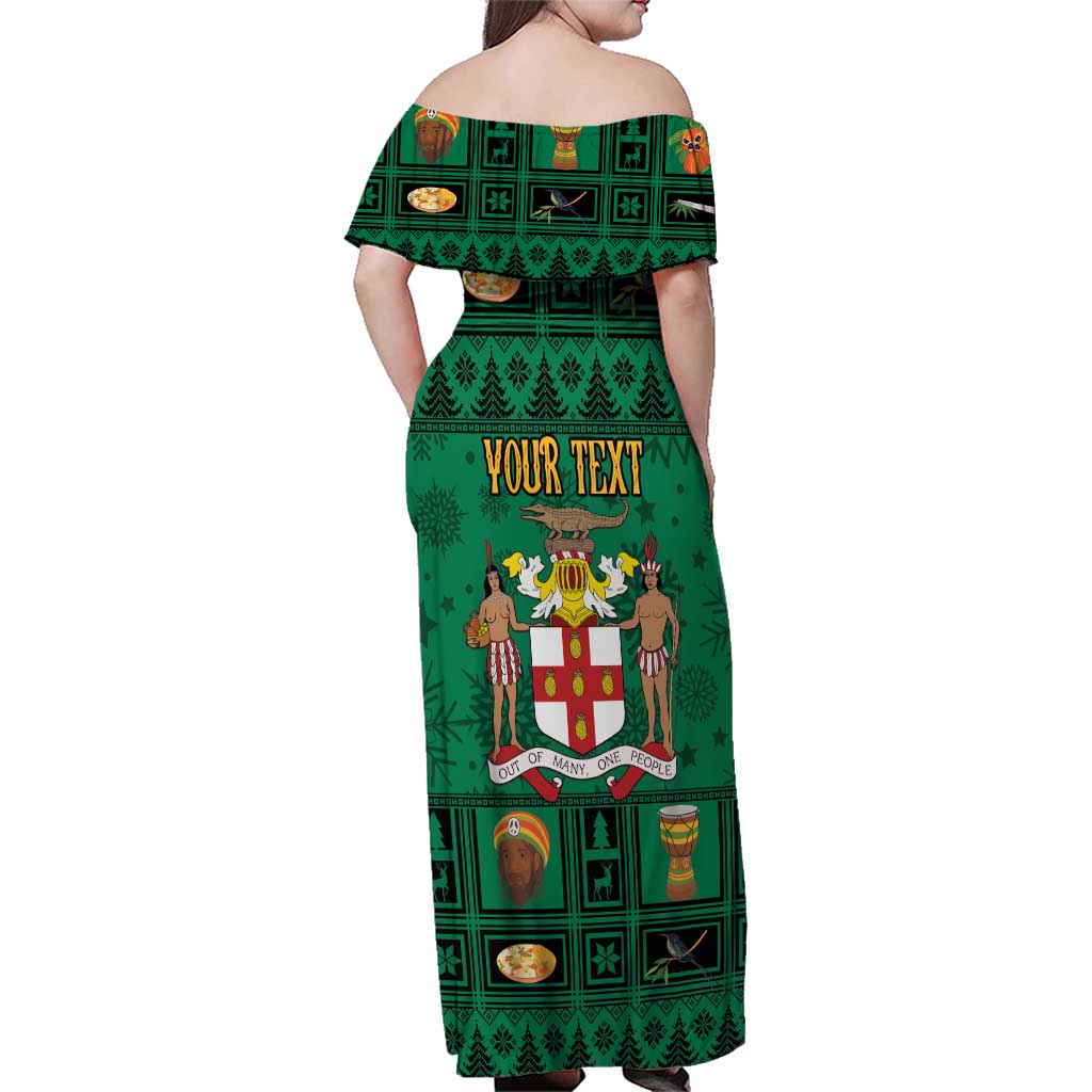 Personalized Jamaica Christmas Family Matching Off Shoulder Maxi Dress and Hawaiian Shirt Coat Of Arms - Merri Crissmuss - Wonder Print Shop
