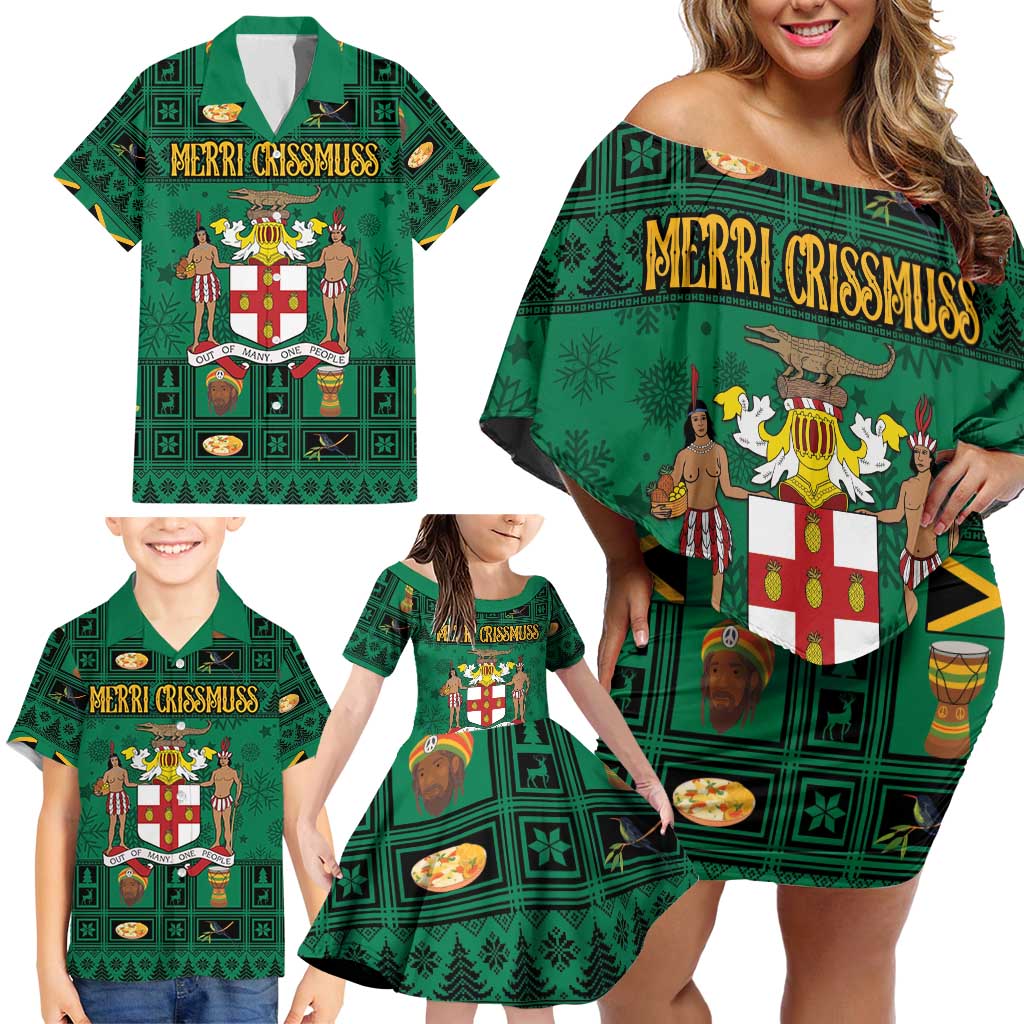 Personalized Jamaica Christmas Family Matching Off Shoulder Short Dress and Hawaiian Shirt Coat Of Arms - Merri Crissmuss - Wonder Print Shop