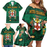 Personalized Jamaica Christmas Family Matching Off Shoulder Short Dress and Hawaiian Shirt Coat Of Arms - Merri Crissmuss - Wonder Print Shop
