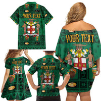 Personalized Jamaica Christmas Family Matching Off Shoulder Short Dress and Hawaiian Shirt Coat Of Arms - Merri Crissmuss - Wonder Print Shop