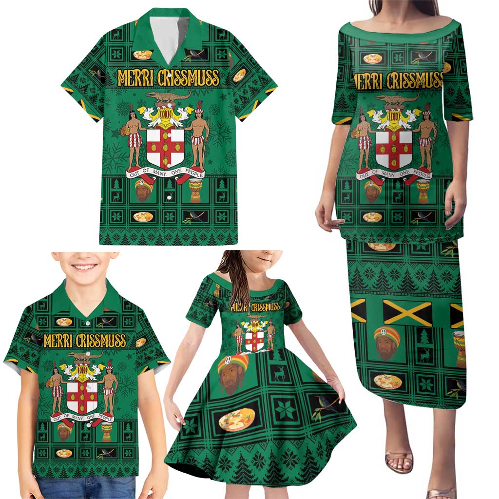 Personalized Jamaica Christmas Family Matching Puletasi and Hawaiian Shirt Coat Of Arms - Merri Crissmuss - Wonder Print Shop