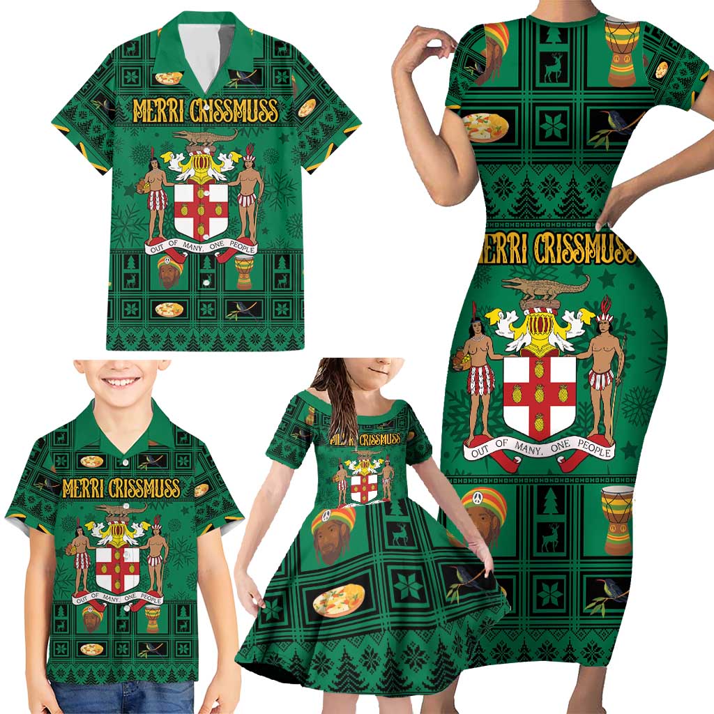 Personalized Jamaica Christmas Family Matching Short Sleeve Bodycon Dress and Hawaiian Shirt Coat Of Arms - Merri Crissmuss - Wonder Print Shop