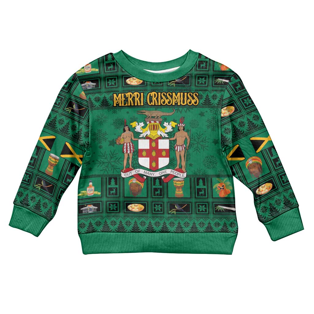 Personalized Jamaica Christmas Kid Ugly Christmas Sweater Coat Of Arms - Merri Crissmuss - Wonder Print Shop