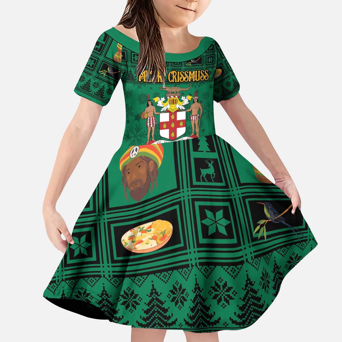 Personalized Jamaica Christmas Kid Short Sleeve Dress Coat Of Arms - Merri Crissmuss - Wonder Print Shop