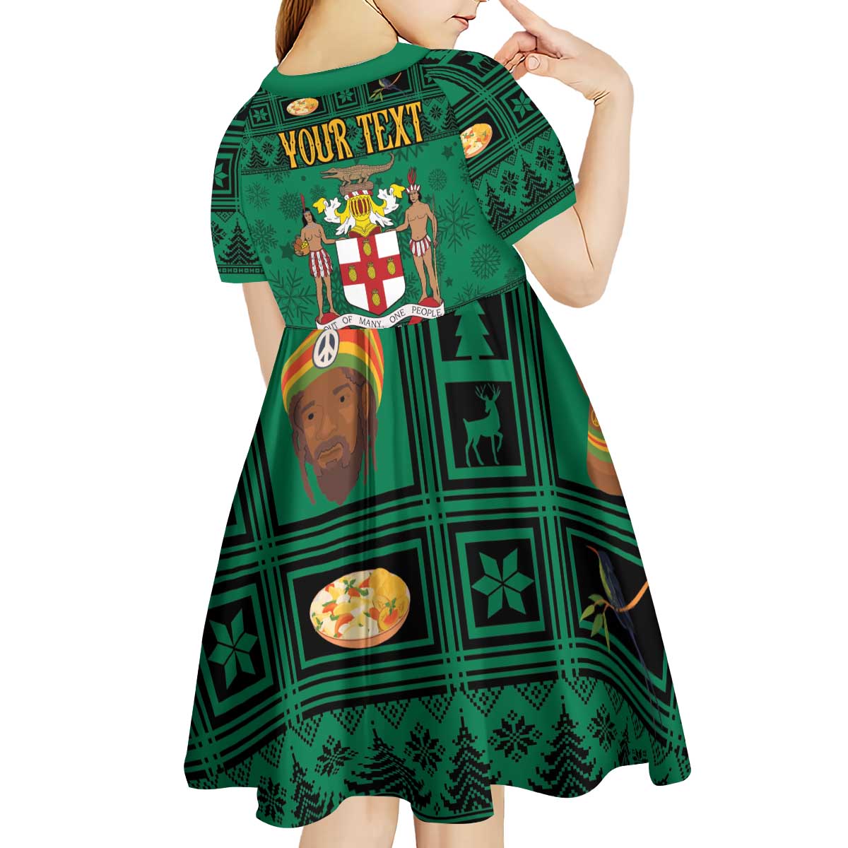 Personalized Jamaica Christmas Kid Short Sleeve Dress Coat Of Arms - Merri Crissmuss - Wonder Print Shop
