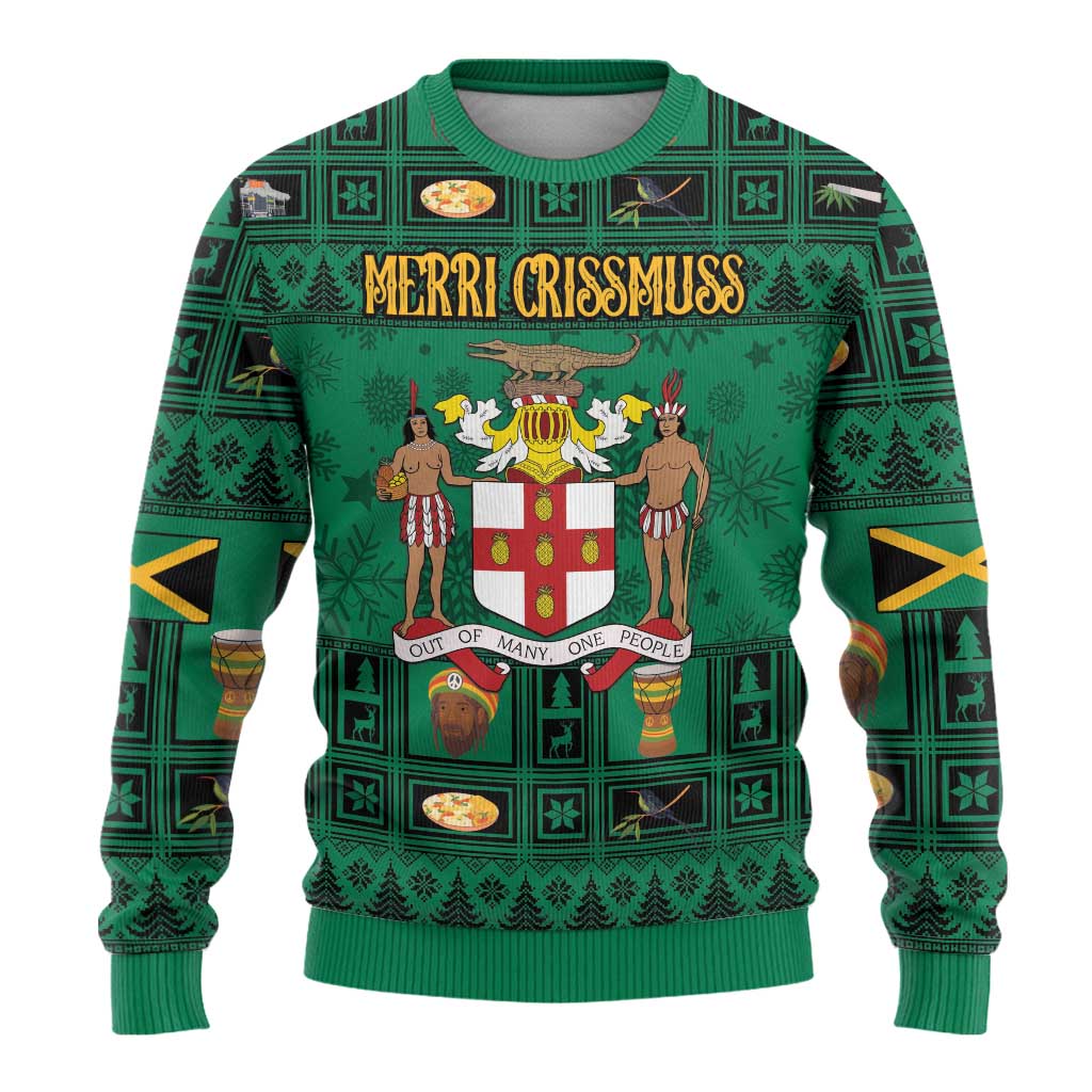 Personalized Jamaica Christmas Ugly Christmas Sweater Coat Of Arms - Merri Crissmuss - Wonder Print Shop