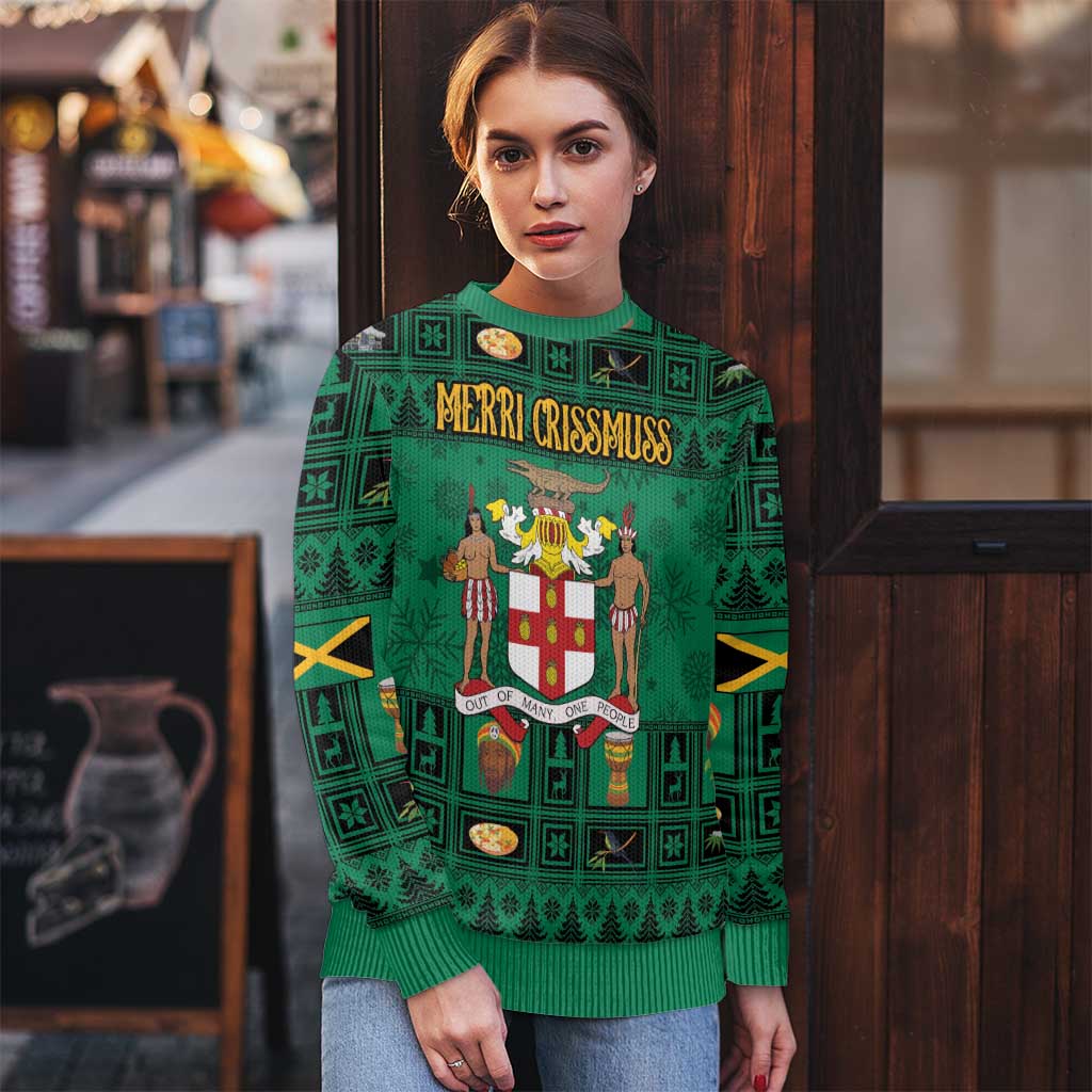 Personalized Jamaica Christmas Ugly Christmas Sweater Coat Of Arms - Merri Crissmuss - Wonder Print Shop