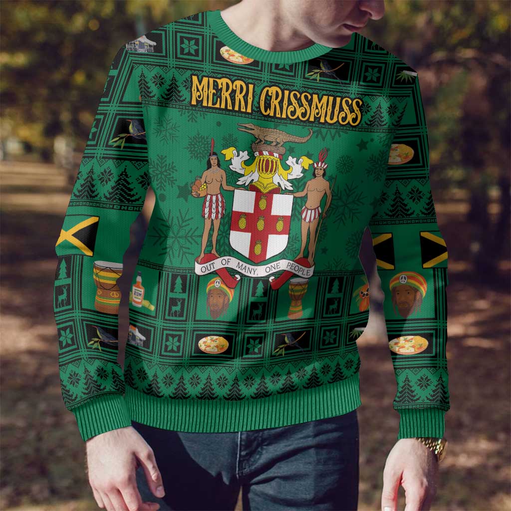 Personalized Jamaica Christmas Ugly Christmas Sweater Coat Of Arms - Merri Crissmuss - Wonder Print Shop