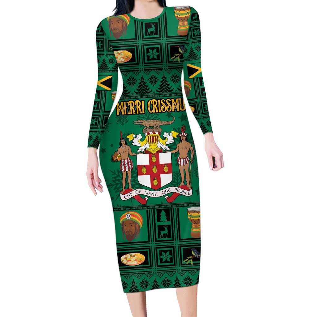 Personalized Jamaica Christmas Long Sleeve Bodycon Dress Coat Of Arms - Merri Crissmuss - Wonder Print Shop