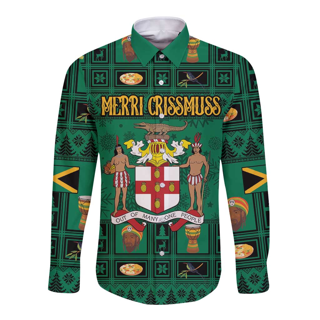 Personalized Jamaica Christmas Long Sleeve Button Shirt Coat Of Arms - Merri Crissmuss - Wonder Print Shop