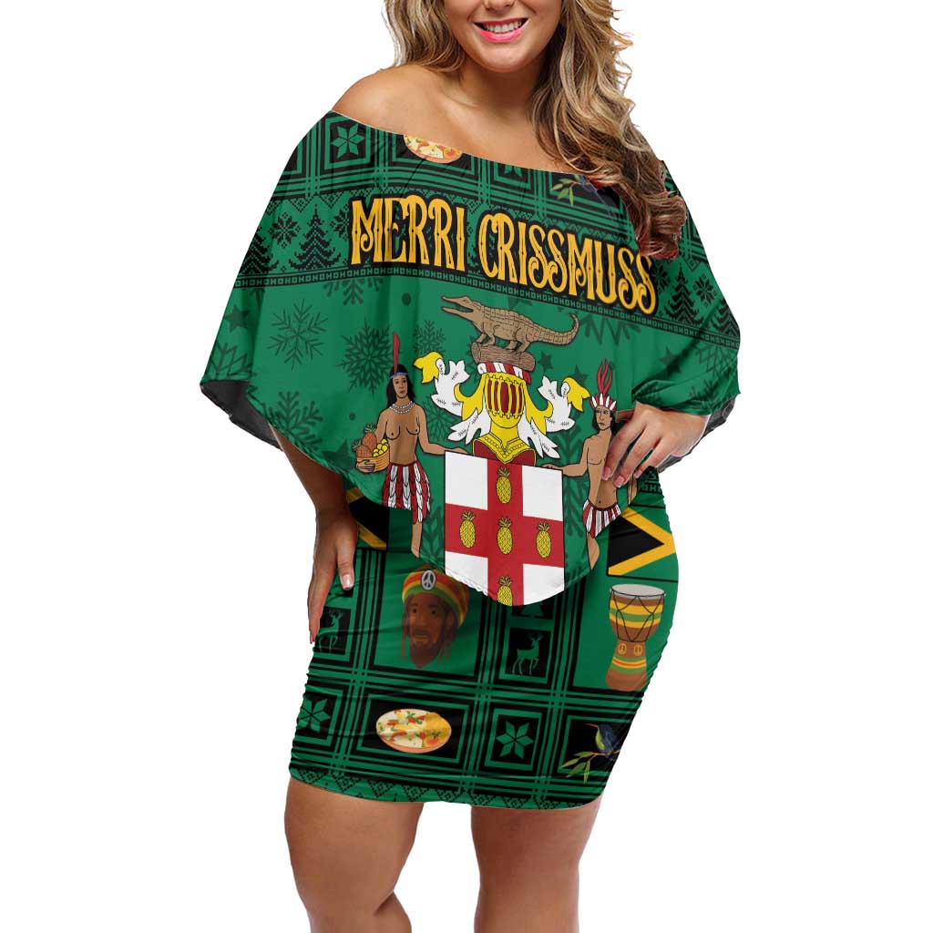 Personalized Jamaica Christmas Off Shoulder Short Dress Coat Of Arms - Merri Crissmuss - Wonder Print Shop