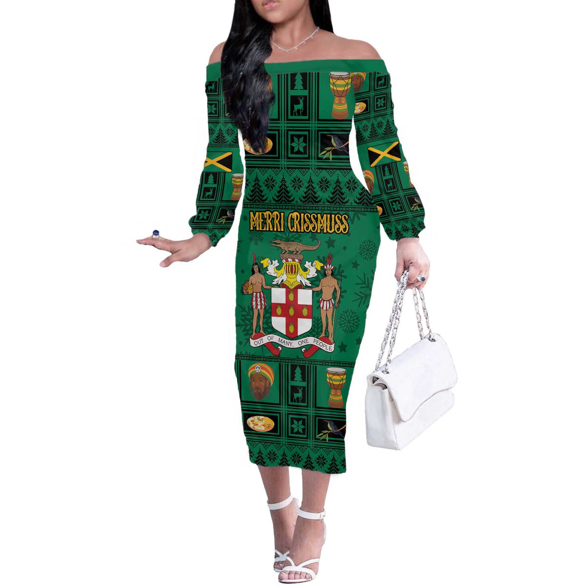 Personalized Jamaica Christmas Off The Shoulder Long Sleeve Dress Coat Of Arms - Merri Crissmuss - Wonder Print Shop