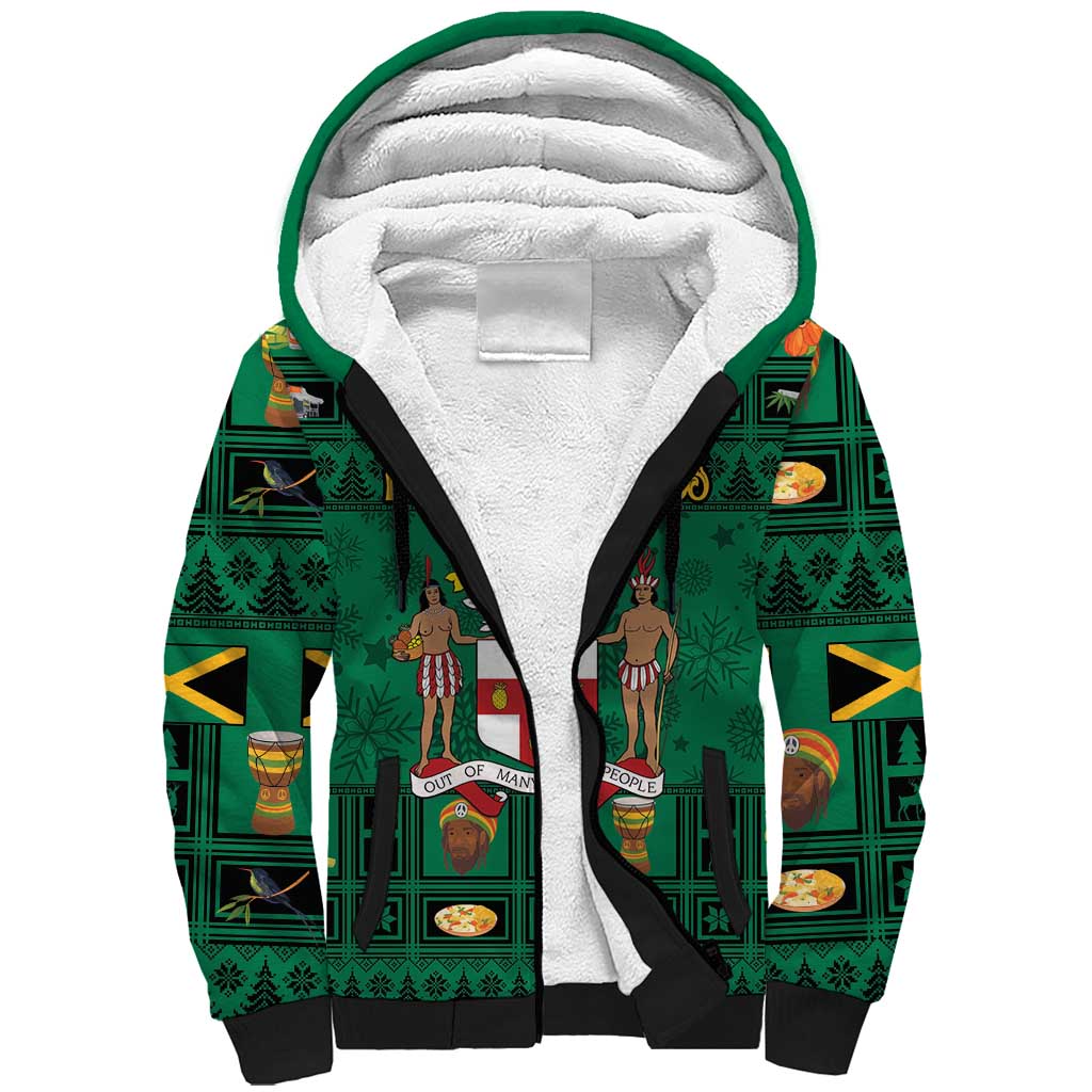 Personalized Jamaica Christmas Sherpa Hoodie Coat Of Arms - Merri Crissmuss - Wonder Print Shop