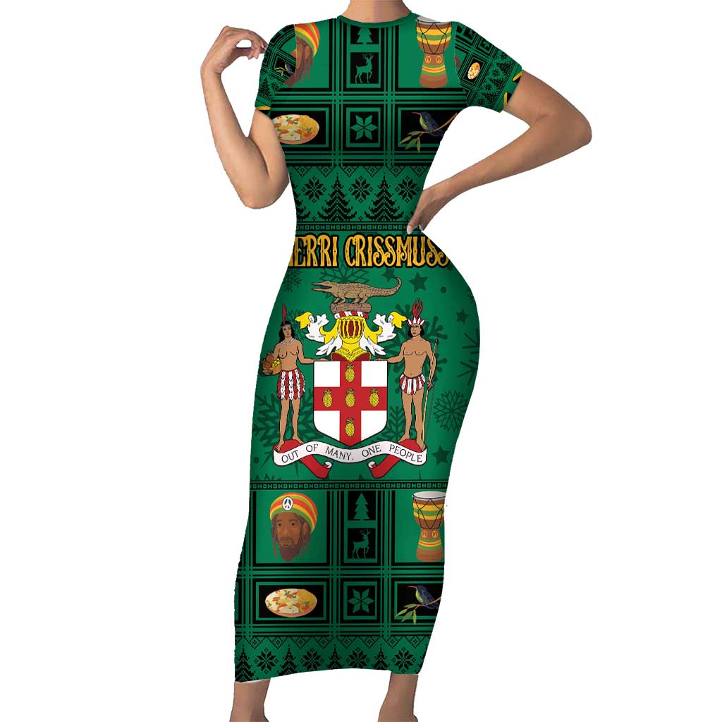 Personalized Jamaica Christmas Short Sleeve Bodycon Dress Coat Of Arms - Merri Crissmuss - Wonder Print Shop