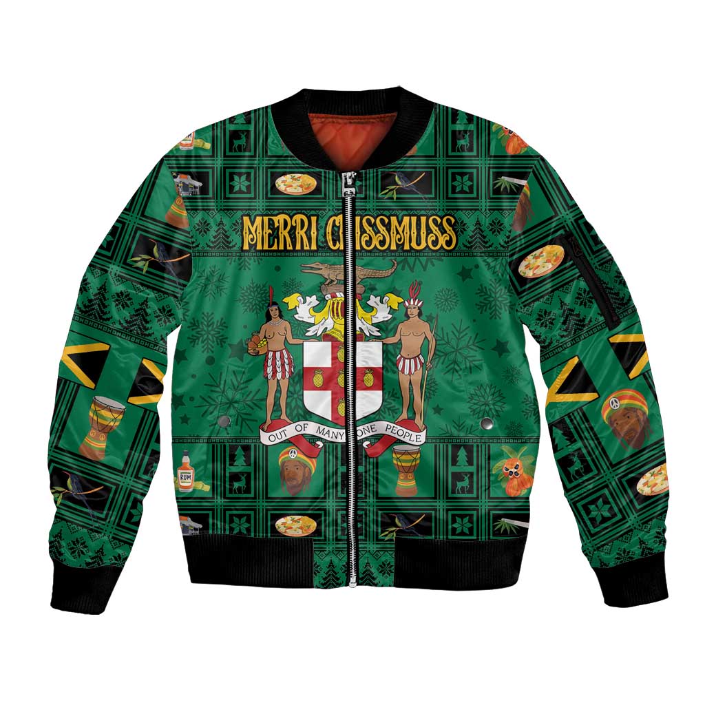 Personalized Jamaica Christmas Sleeve Zip Bomber Jacket Coat Of Arms - Merri Crissmuss - Wonder Print Shop