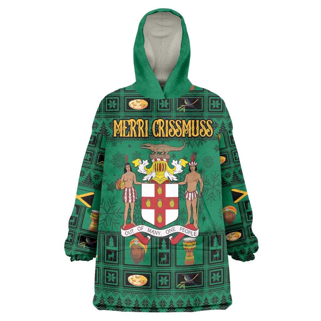 Personalized Jamaica Christmas Wearable Blanket Hoodie Coat Of Arms - Merri Crissmuss - Wonder Print Shop