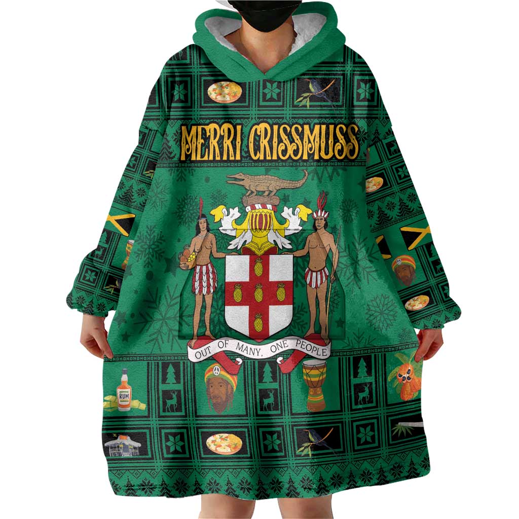 Personalized Jamaica Christmas Wearable Blanket Hoodie Coat Of Arms - Merri Crissmuss - Wonder Print Shop